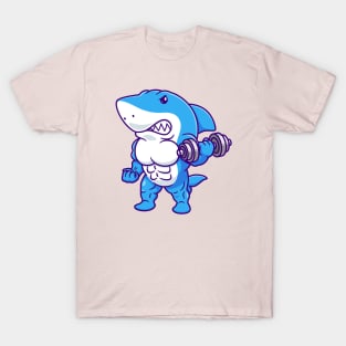 Cute Shark Lifting Dumbblle Cartoon T-Shirt